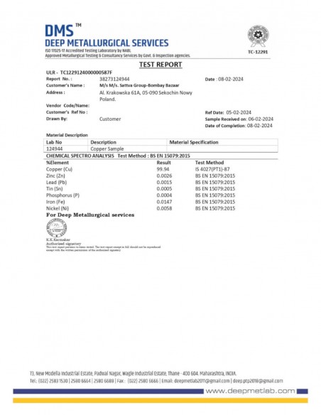 Pahar din cupru Emboss - Sattva Ayurveda - Test report